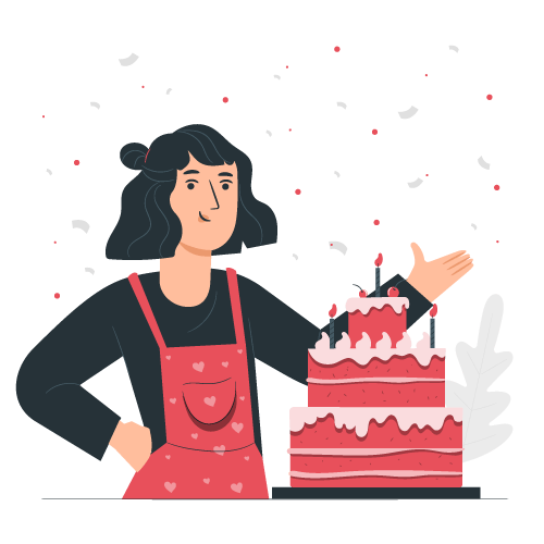 a woman in an apron with a cake