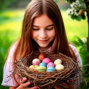 Mädchen 10 Jahre alt mit Osternest
